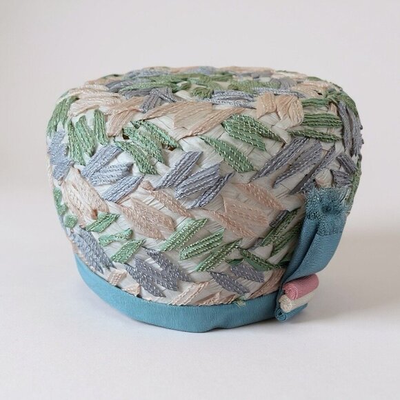 Vintage 1960s Womens Dress Hat Raffia Ribbon Woven Pastels Easter Wedding Derby - Picture 2 of 16